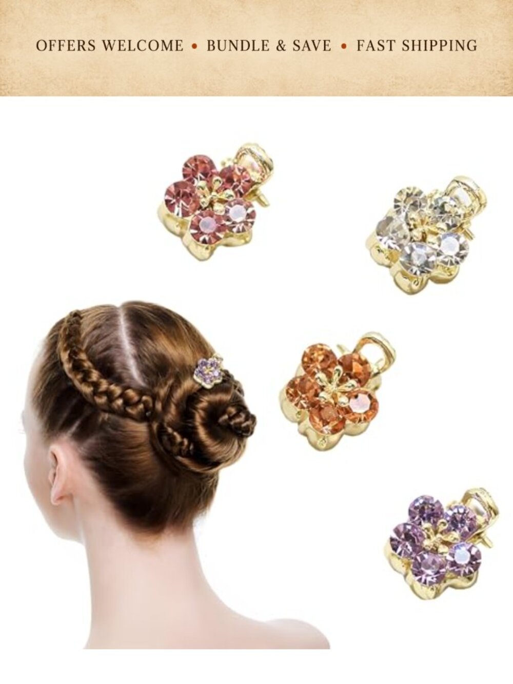 Mini Flower Crystal Rhinestone Claw Hair Clips 4Pc Set Anti-Slip